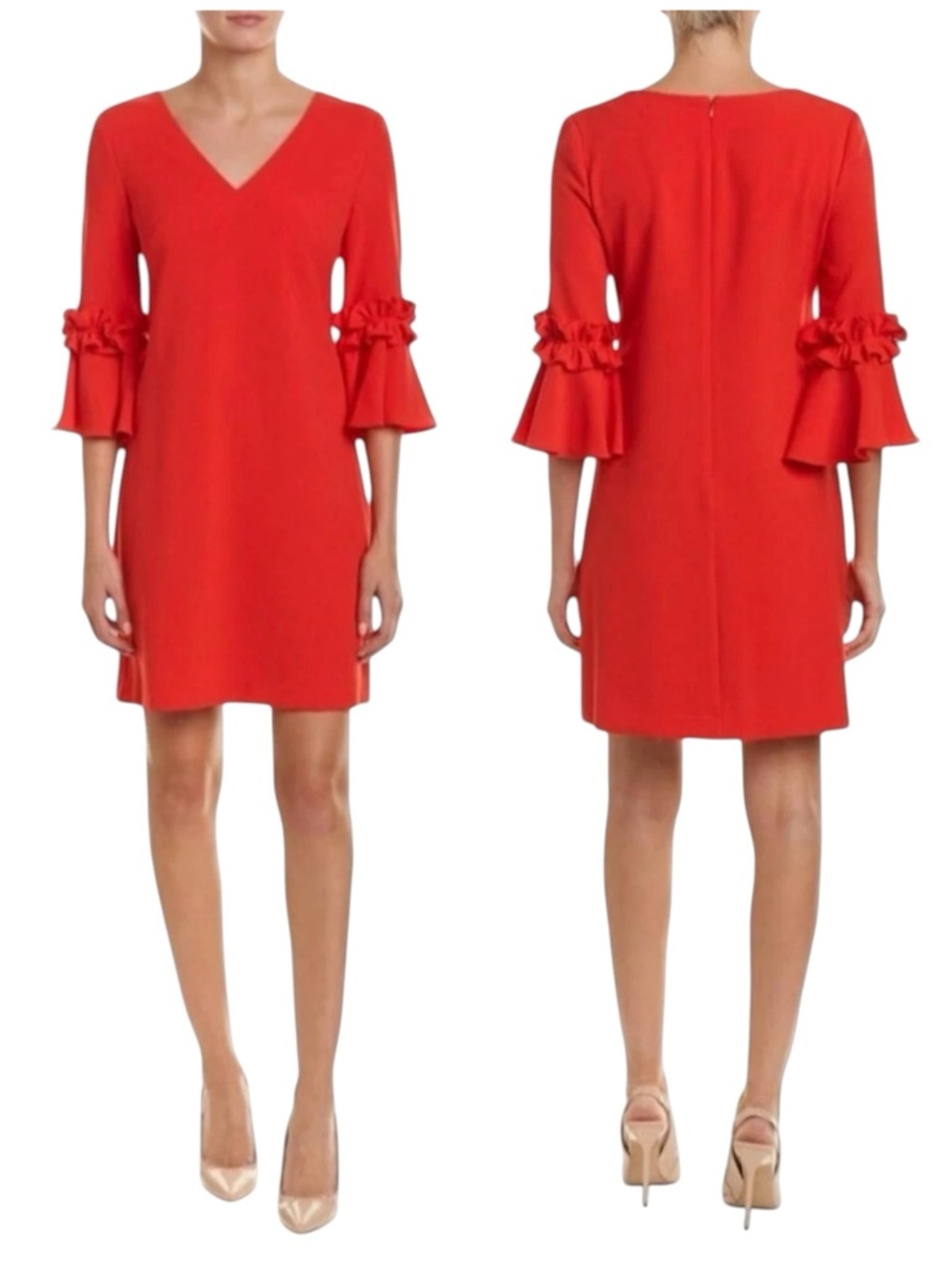 Jessica Howard Red V-Neck Shift Dress with Ruffle Bell Sleeves Size 6P